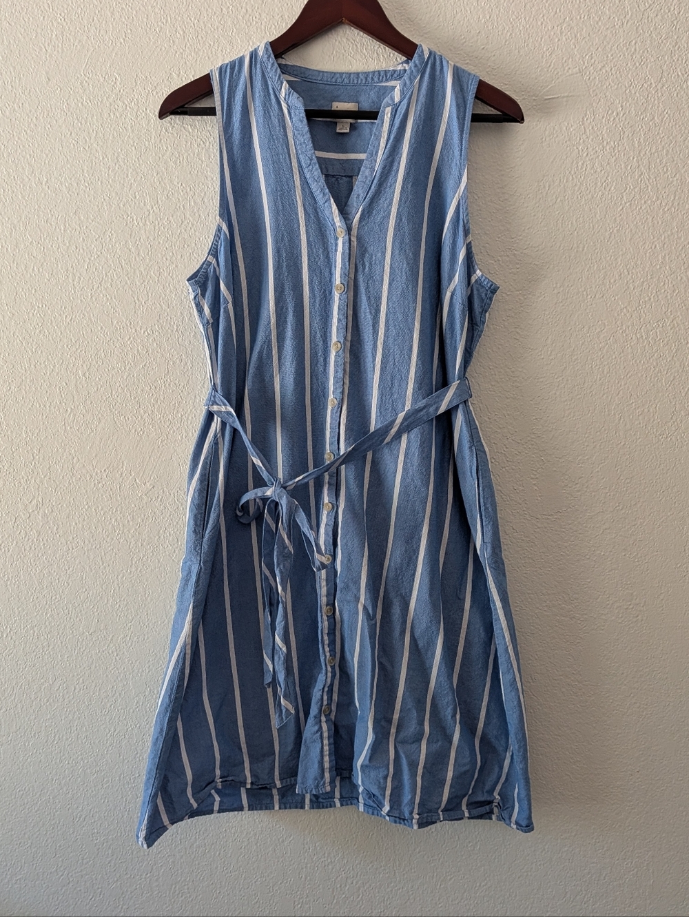 A New Day Blue and White Stripe Shirt Dress Button Down Cotton Sleeveless Size L